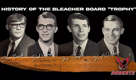 4 alumni and a photo of the broken bleacher board