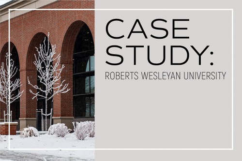 The front of the GCEC building with snow. It is overlayed with a white square and the words,