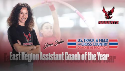 Jenn Suhr smiles. The women's Jenn Suhr East Region Assistant Coach of the Year. US Trakc & Field And Cross Country Coaches Association and Roberts Athletics logos