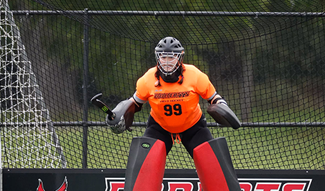 Field hockey goalkeeper Avery Richardson plays in game